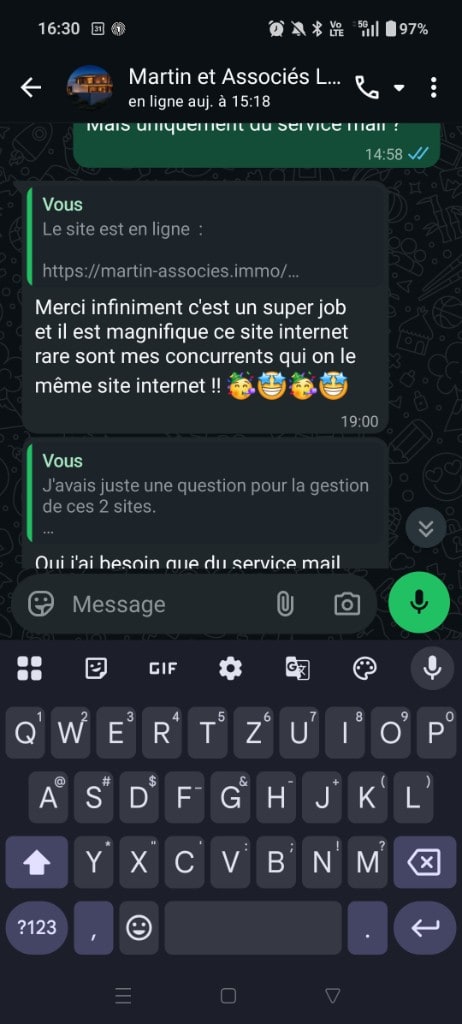 Message WhatsApp — « c'est un super job et il est magnifique ce site internet, rares sont mes concurrents qui ont le même » (Martin et Associés)